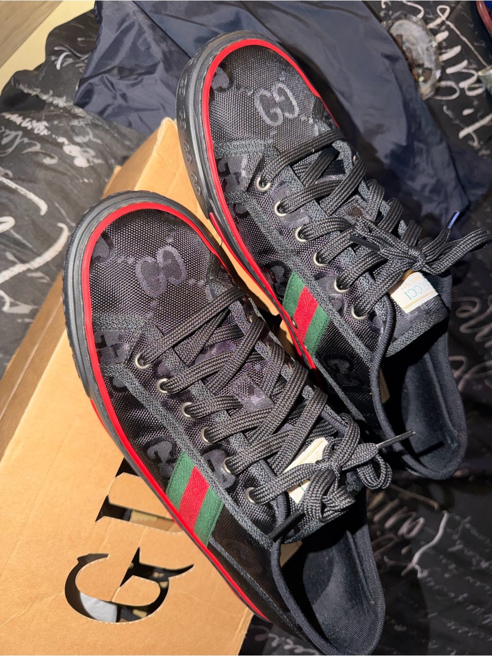 Gucci Black Sneakers with Red and Green Web Stripe